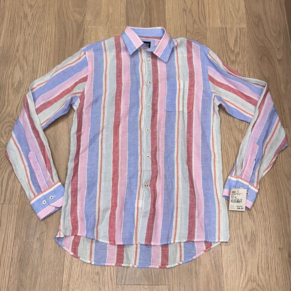 NWT Benson Multicolor Linen Button Up Shirt Vertical Stripe Colorful Mens Large